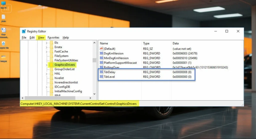 Windows Registry Editor window showing the GraphicsDrivers path with TdrDelay and TdrDdiDelay