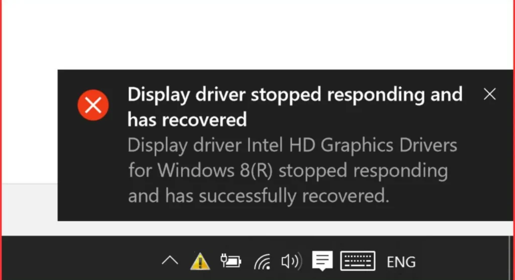 Windows desktop notification displaying the display driver stopped responding