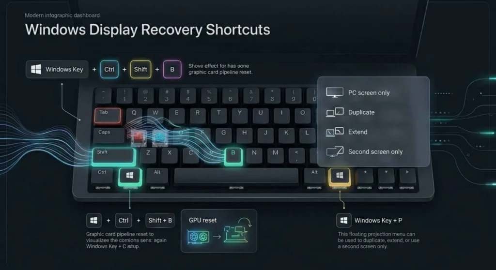 Windows display recovery keyboard shortcuts infographic highlighting Win plus Ctrl plus Shift plus B driver reset combination