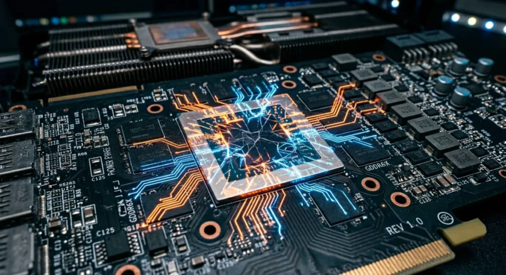 cro photograph of a computer graphics card PCB circuit board showing microchips representing GPU hardware failure