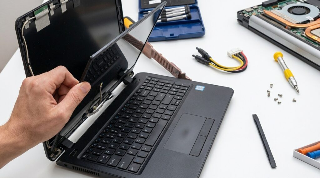 A hands-on laptop screen replacement and display diagnostic process using precision repair tools.