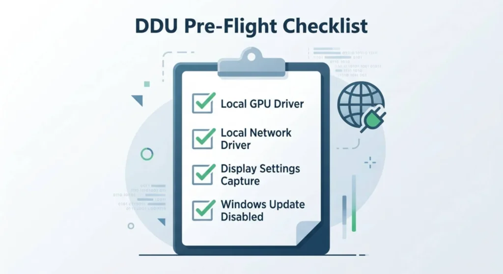 step-by-step checklist infographic outlining necessary preparation steps before running Display Driver Uninstaller software