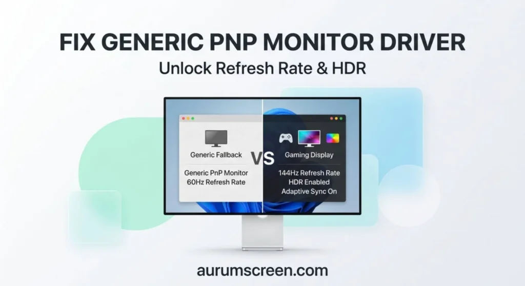 A bright modern monitor displaying a driver optimization interface against a clean pastel corporate background with custom troubleshooting typography