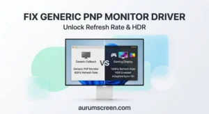 A bright modern monitor displaying a driver optimization interface against a clean pastel corporate background with custom troubleshooting typography