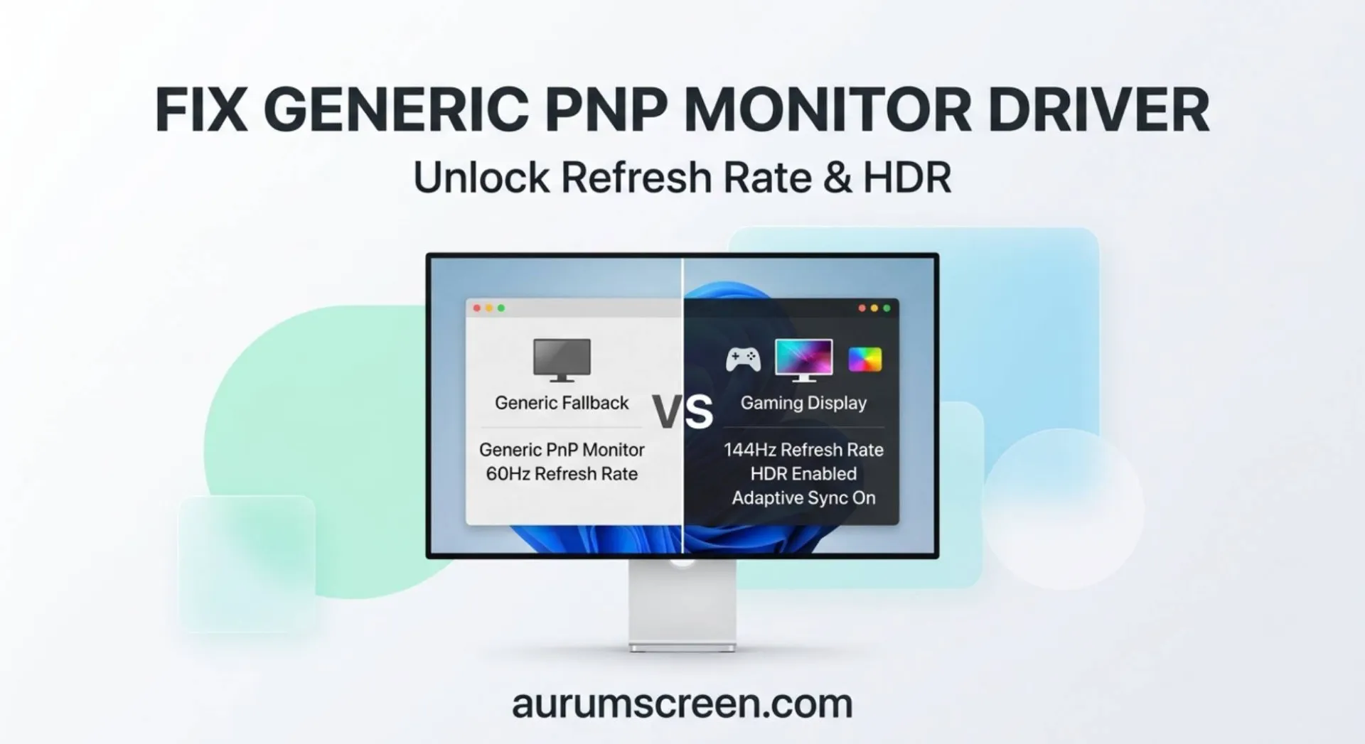 A bright modern monitor displaying a driver optimization interface against a clean pastel corporate background with custom troubleshooting typography
