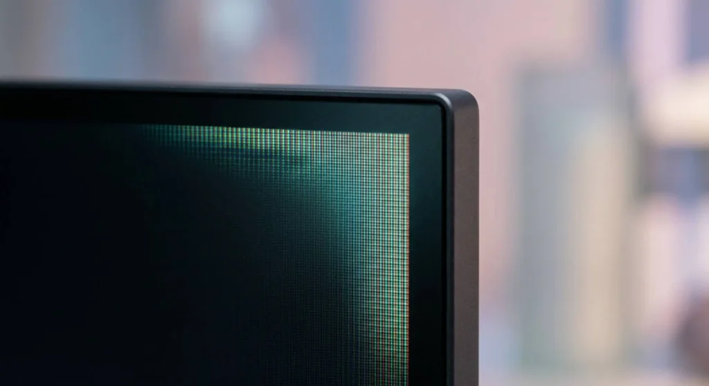A close-up macro photo of an IPS monitor corner capturing the characteristic soft, off-axis color tint known as IPS glow