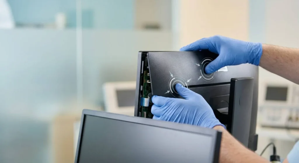 A close-up photo demonstrating the monitor back-pressure trick, applying even force to the rear housing panel to minimize backlight bleed