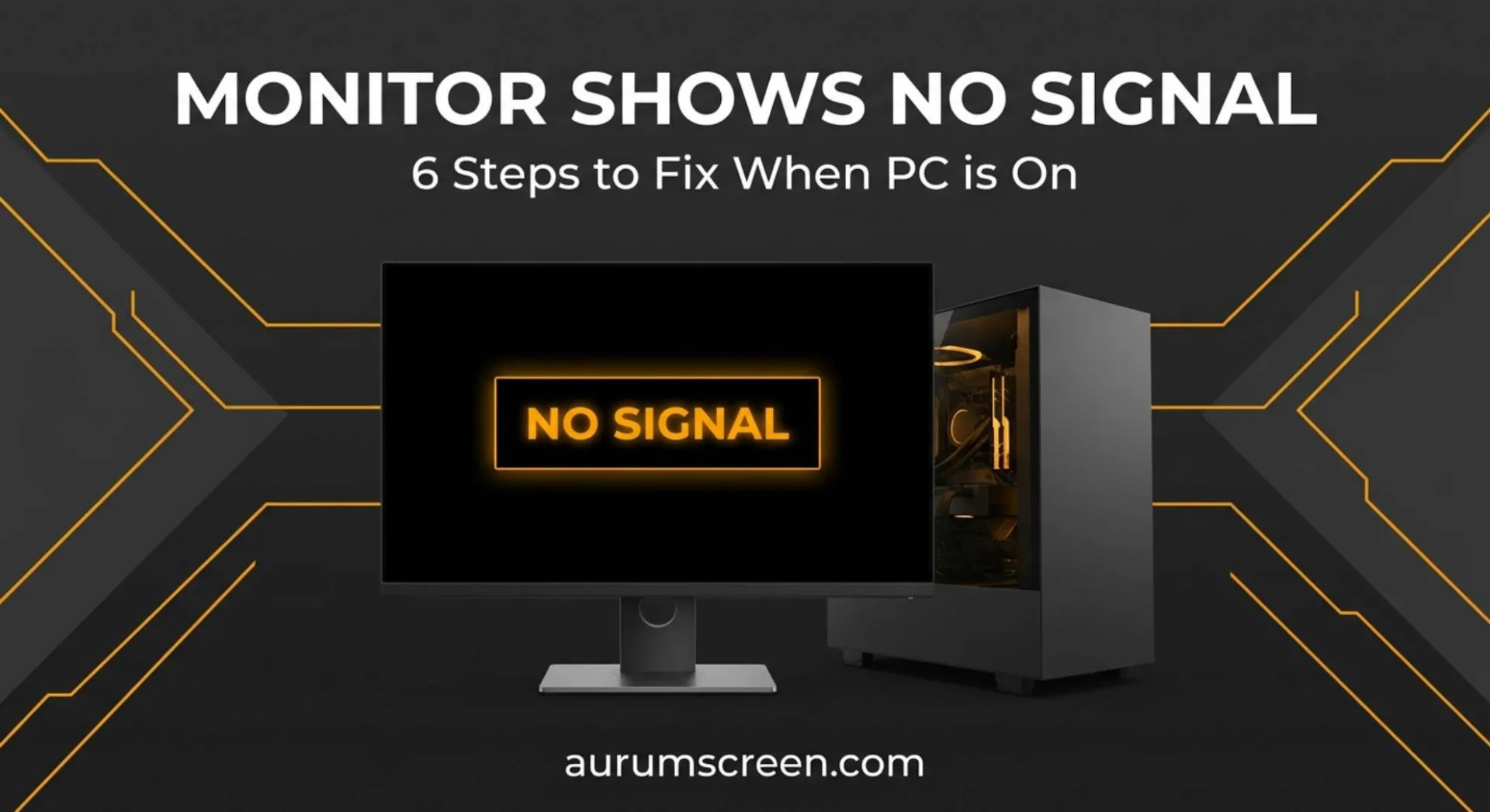 A dark matte desktop setup featuring a monitor with a glowing electric amber No Signal message, presented in a high-contrast premium corporate tech style