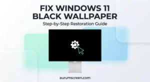 A modern desktop monitor displaying a solid black background with a custom restoration interface, set against a bright pastel corporate tech background