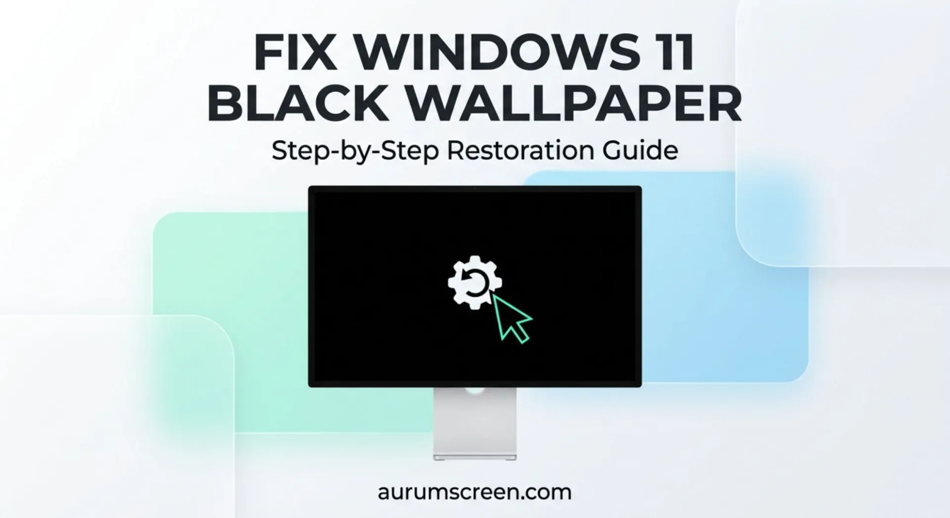 Windows 11 Desktop Background Black? How to Restore Your Wallpaper 1 A modern desktop monitor displaying a solid black background with a custom restoration interface, set against a bright pastel corporate tech background