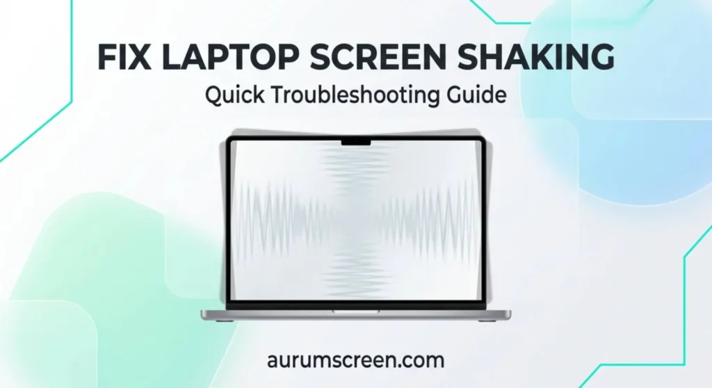 A modern laptop showing a screen shaking or vibrating distortion effect against a bright pastel corporate tech background