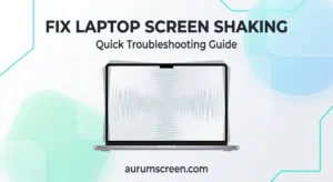 A modern laptop showing a screen shaking or vibrating distortion effect against a bright pastel corporate tech background