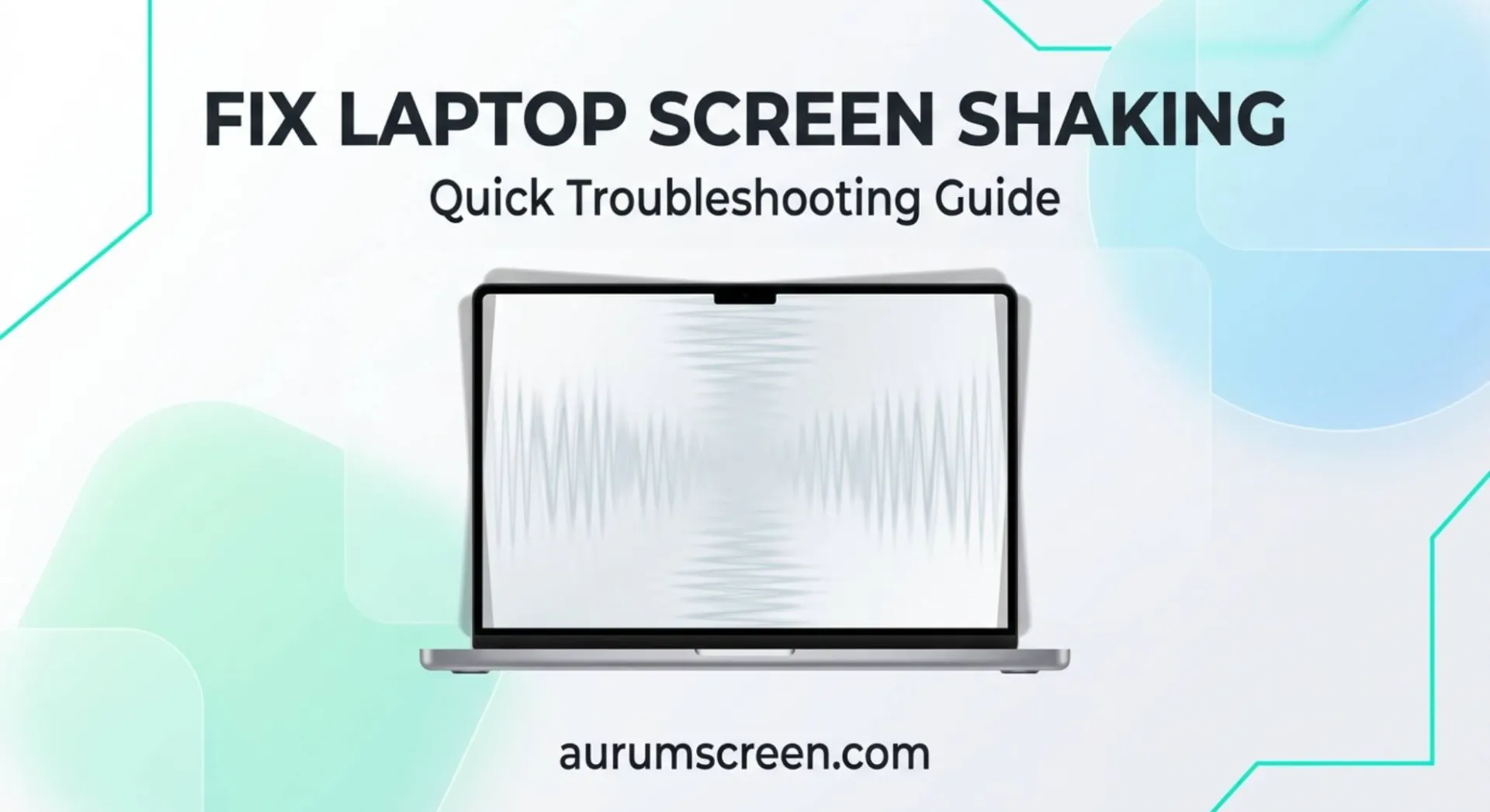 A modern laptop showing a screen shaking or vibrating distortion effect against a bright pastel corporate tech background