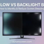 A premium borderless monitor showcasing a split-screen visual comparison between colored IPS glow and white backlight bleed, set against a soft pastel corporate background