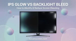 A premium borderless monitor showcasing a split-screen visual comparison between colored IPS glow and white backlight bleed, set against a soft pastel corporate background