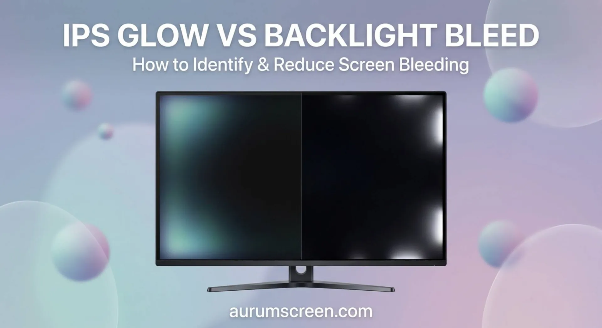 A premium borderless monitor showcasing a split-screen visual comparison between colored IPS glow and white backlight bleed, set against a soft pastel corporate background