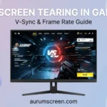 A premium gaming monitor showing a severe screen tearing artifact against a soft pastel corporate background with custom guide typography