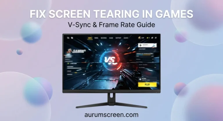 A premium gaming monitor showing a severe screen tearing artifact against a soft pastel corporate background with custom guide typography