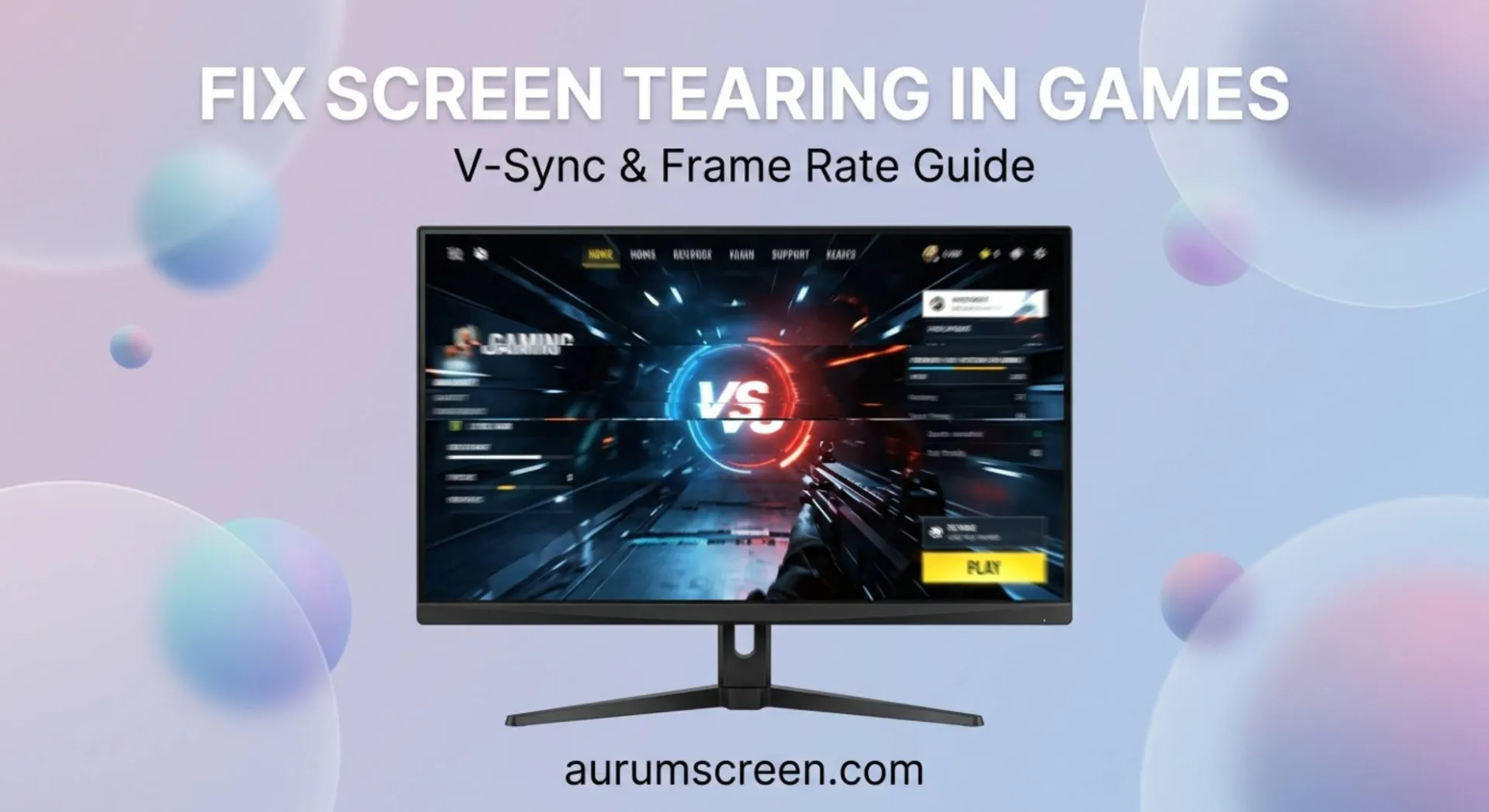 A premium gaming monitor showing a severe screen tearing artifact against a soft pastel corporate background with custom guide typography