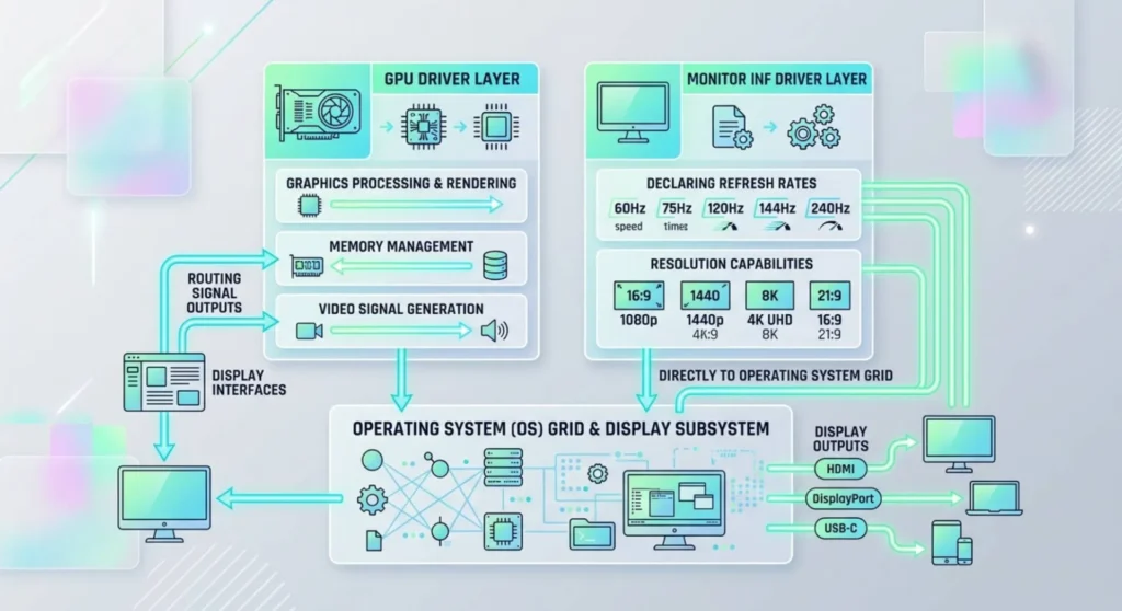 Bright technical infographic illustrating the difference between the GPU driver layer and the monitor INF driver profile layer in Windows