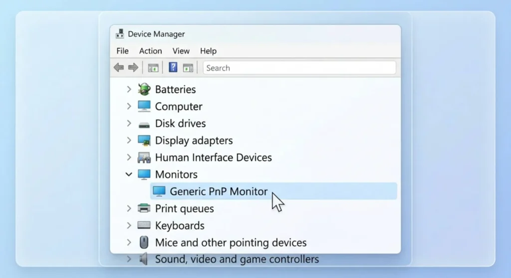 Clean graphic showing Windows Device Manager with the Generic PnP Monitor driver placeholder highlighted for troubleshooting