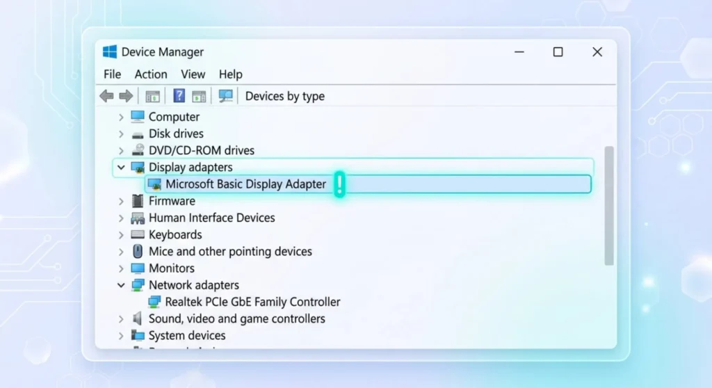 Clean graphic showing Windows Device Manager with the generic Microsoft Basic Display Adapter placeholder highlighted
