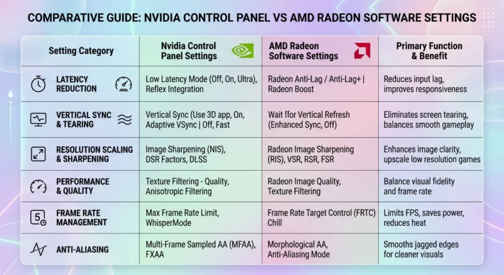 Comprehensive reference matrix detailing optimal Nvidia and AMD control panel settings for V-Sync and latency management