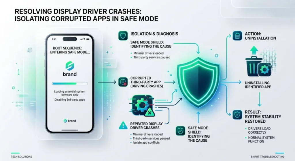 Diagnostic graphic showing a smartphone booting into Safe Mode to isolate and remove apps causing recurring white screen crashes