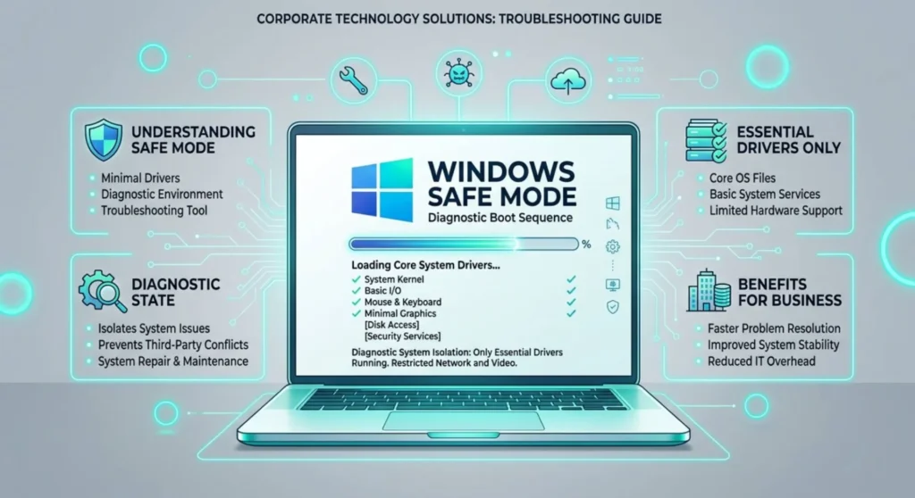 Diagnostic infographic illustrating a laptop booting into Windows Safe Mode to isolate display hardware and software errors.