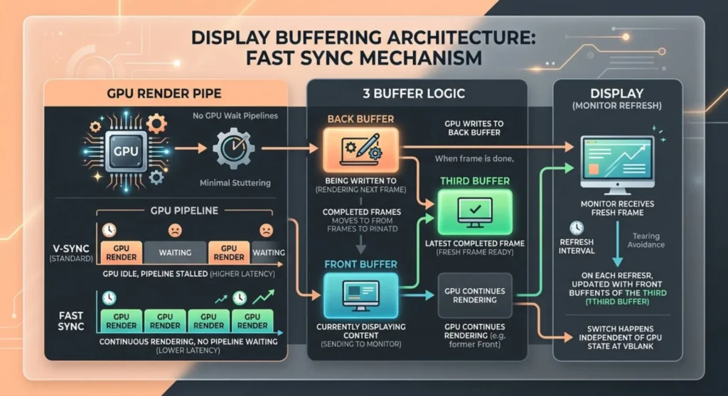 Diagram showing Fast Sync triple buffering logic on a standard 60Hz monitor setup to prevent display rendering delays