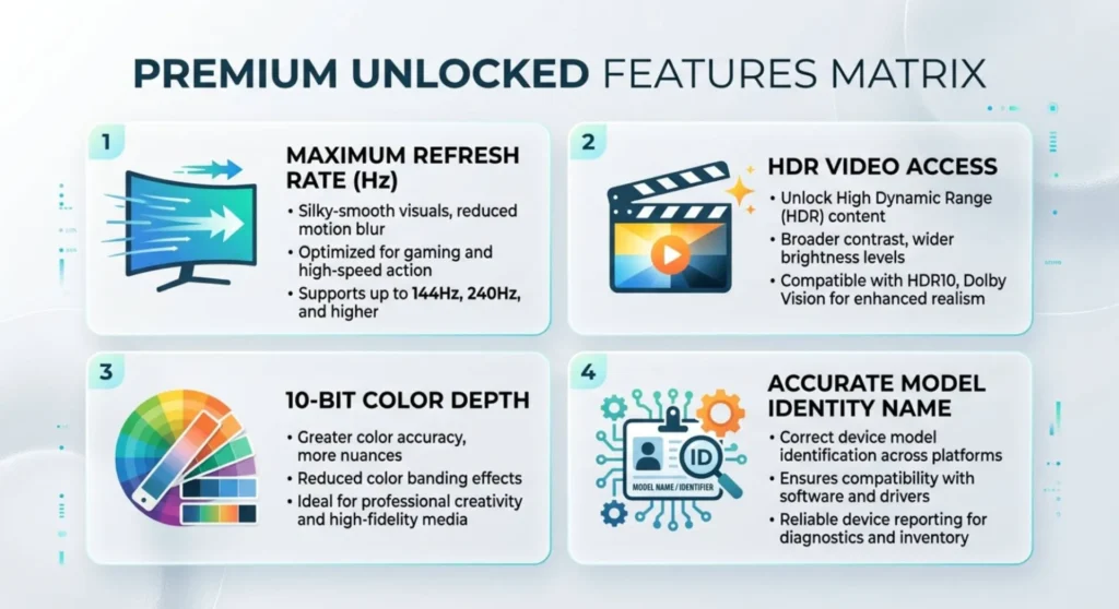 Feature matrix detailing the display enhancements unlocked after replacing a generic monitor driver with the official manufacturer INF profile