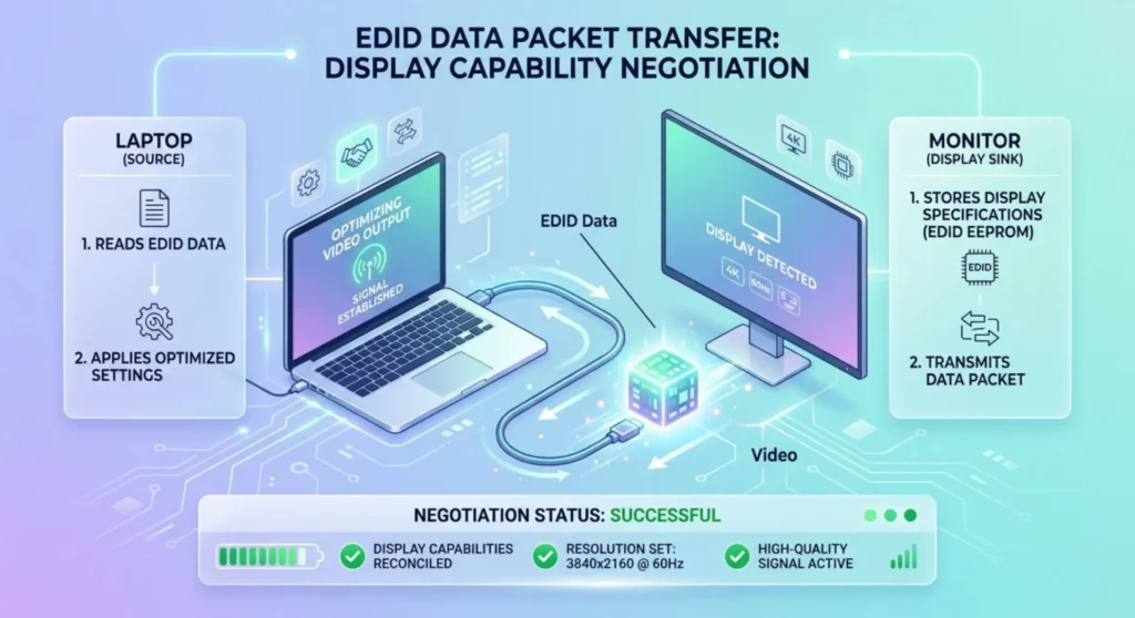 Graphic detailing monitor EDID handshake data transferring through a certified high-bandwidth video cable to a laptop