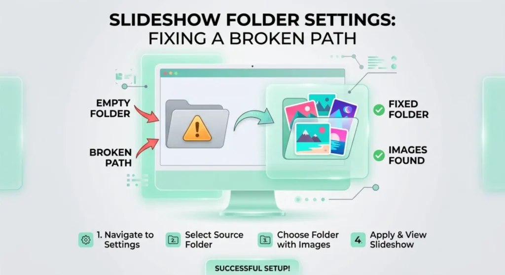 Windows 11 Desktop Background Black? How to Restore Your Wallpaper 7 Graphic illustrating a slideshow folder path correction, restoring valid images to a custom desktop background slideshow