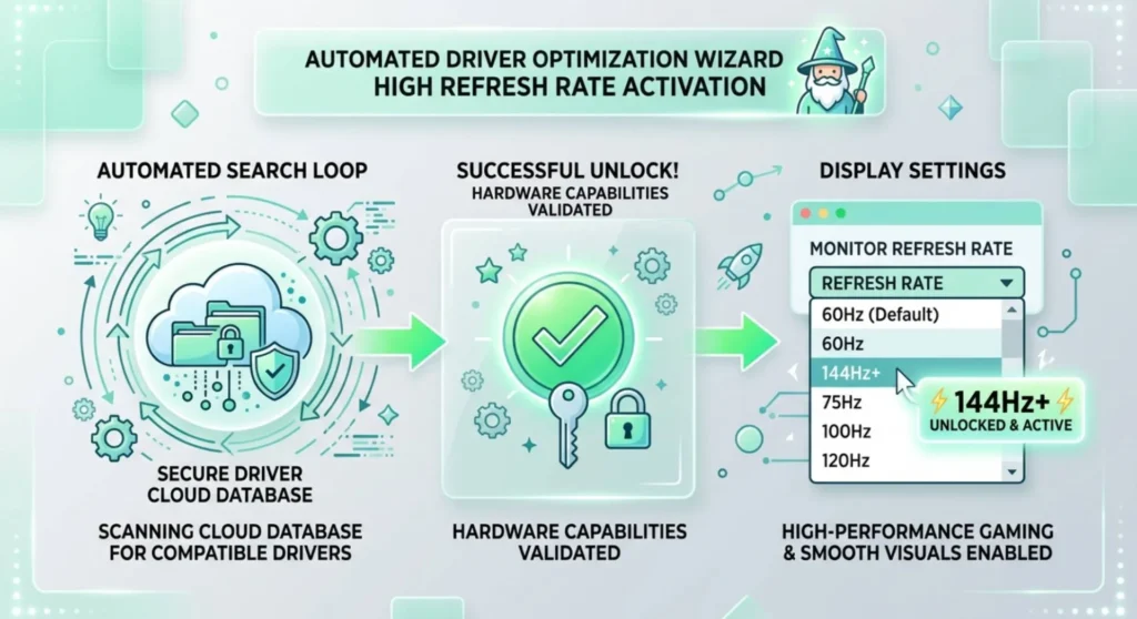 Graphic illustrating an automated driver update wizard unlocking hidden high refresh rate options in display settings