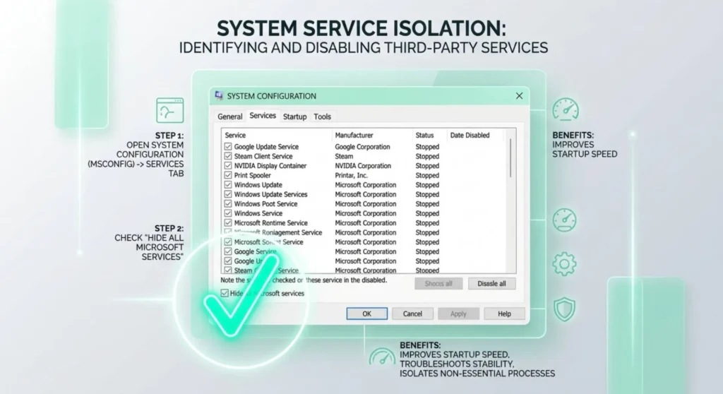 Graphic illustrating the Windows System Configuration window with the Hide all Microsoft services checkbox selected