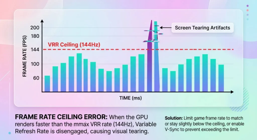 Graphic showing a frame rate exceeding the adaptive sync VRR ceiling, illustrating why screen tearing can return at ultra-high frame rates