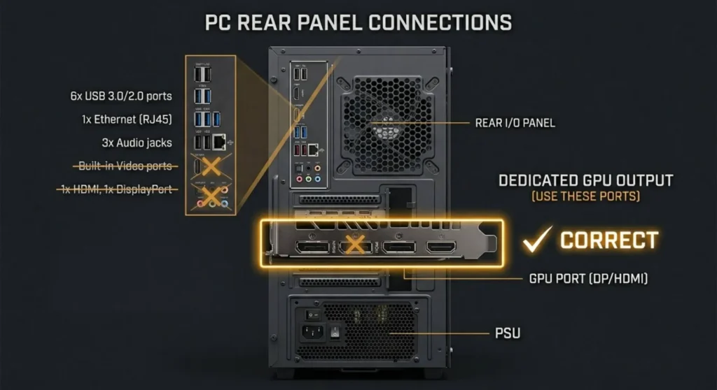 Hardware diagram contrasting a PC's upper motherboard display ports against the correct lower dedicated GPU ports for cable connection
