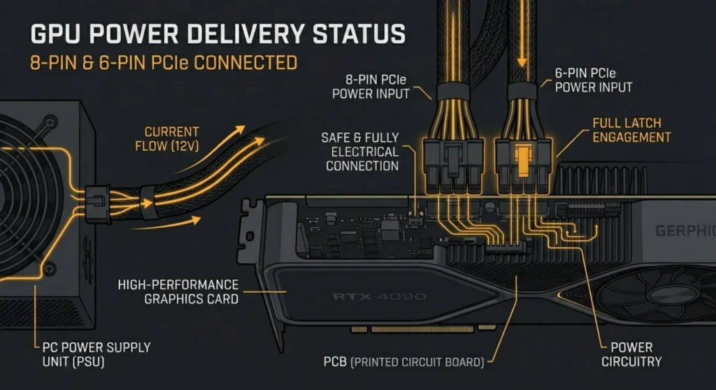 Hardware diagram illustrating the connection of dedicated 8-pin and 6-pin PCIe power delivery cables directly into a graphics card