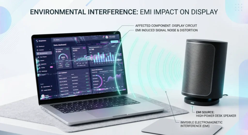Hardware diagram showing invisible electromagnetic interference waves from a speaker causing signal noise on a nearby laptop