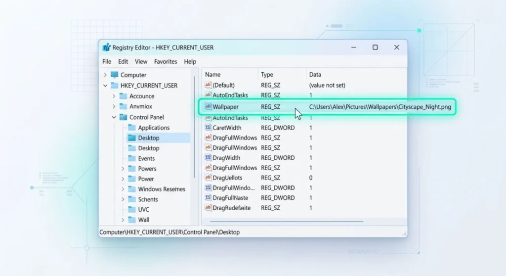Windows 11 Desktop Background Black? How to Restore Your Wallpaper 6 Hardware panel diagram demonstrating how to check and repair the desktop wallpaper file path inside the Windows Registry Editor