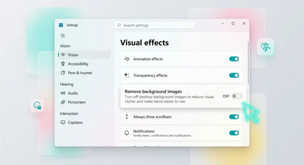 Windows 11 Desktop Background Black? How to Restore Your Wallpaper 2 High-contrast infographic of the Windows 11 Accessibility settings panel, highlighting the toggle to disable the remove background images option