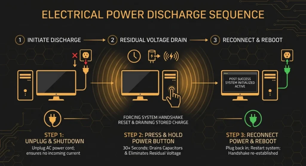 Infographic charting a complete PC and monitor hardware power cycle process to reset display handshake communication