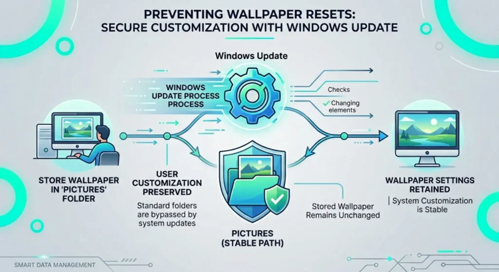 Windows 11 Desktop Background Black? How to Restore Your Wallpaper 8 Infographic charting how to protect desktop wallpapers from Windows Update resets by using stable storage folder paths
