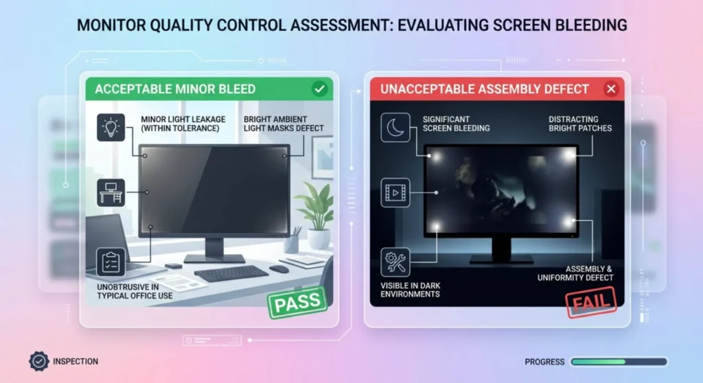Infographic charting monitor return criteria, contrasting minor screen bleed hidden during daily use against severe bleed distracting during dark content playback