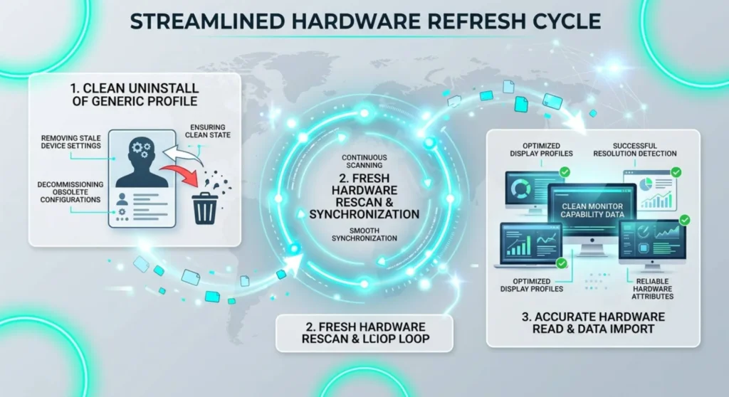 Infographic charting the device manager uninstall and hardware rescan process to force a clean monitor identification read