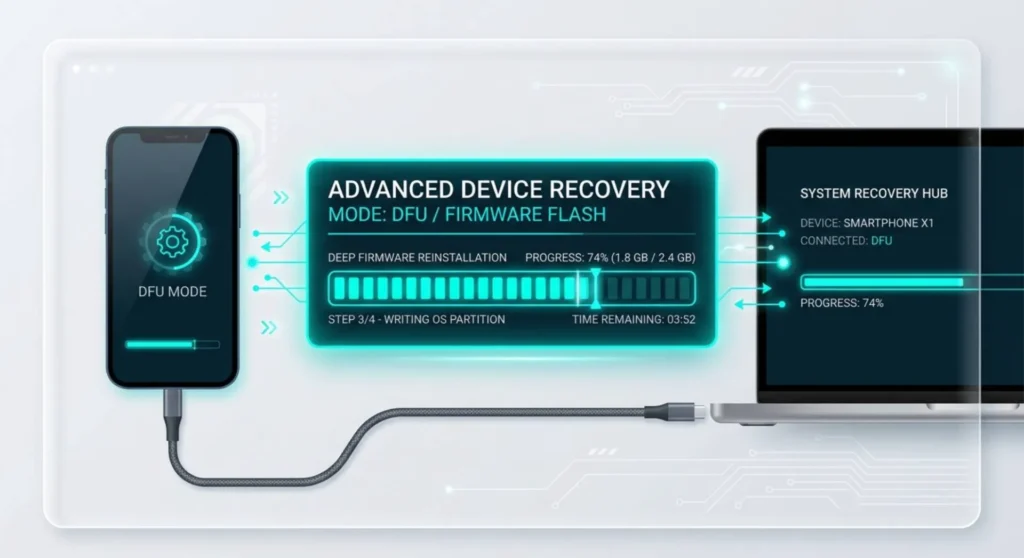 Infographic demonstrating a smartphone connected to a computer to initiate DFU or Recovery Mode firmware restoration