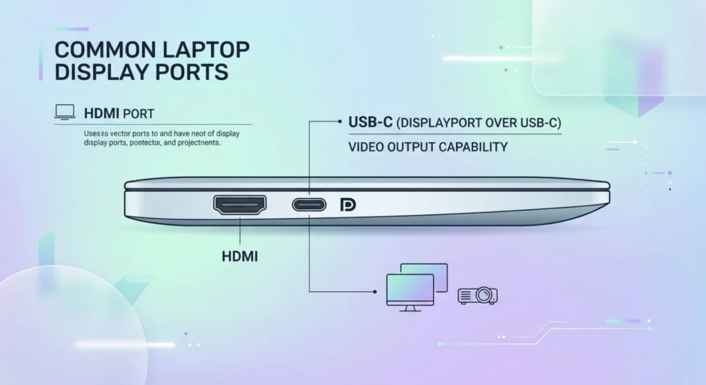 Infographic diagram showcasing laptop display output ports, highlighting a video-capable USB-C port with a DisplayPort Alt Mode icon