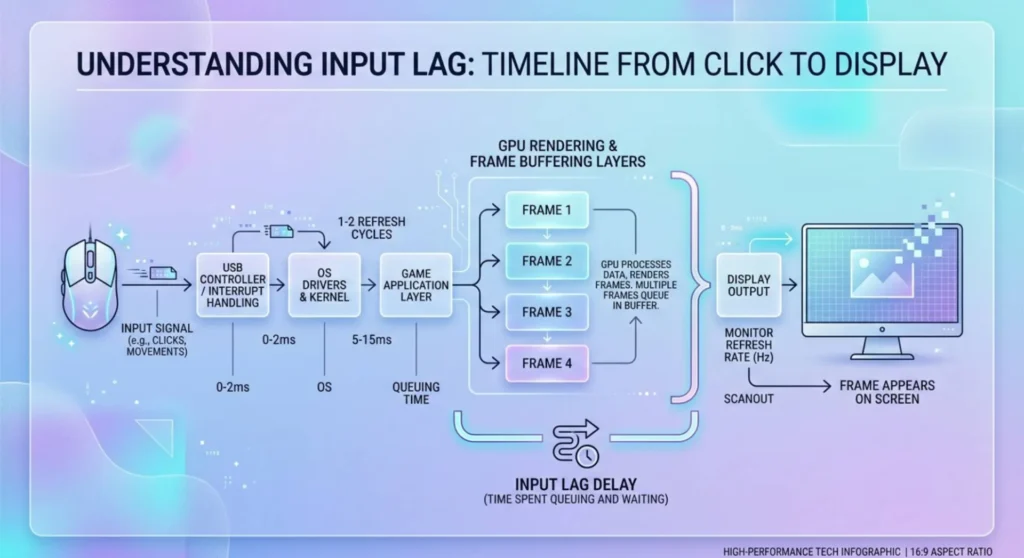 Infographic illustrating input lag latency, showing the delay between a mouse click signal and the GPU frame buffer delivery to the monitor
