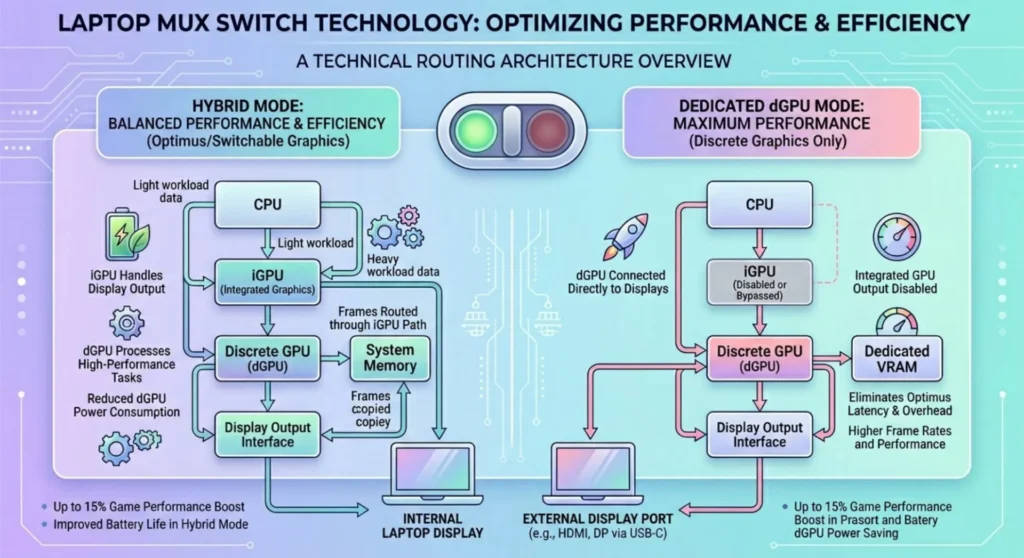 Infographic mapping a laptop MUX switch configuration, showing display routing paths between Hybrid Mode and dedicated dGPU output