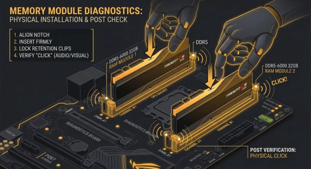 Infographic mapping motherboard RAM installation, illustrating memory sticks locking into upright slots to resolve silent POST errors